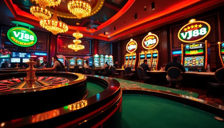 Experience the excitement of VJ88 in a luxurious casino with roulette, cards, and vibrant chips.