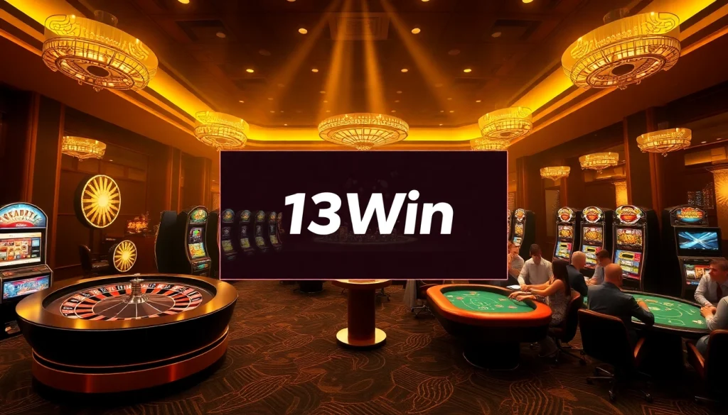 13Win offers an exciting gaming experience with poker tables and slot machines in a vibrant casino.