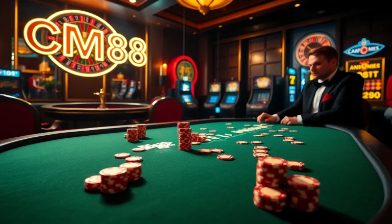Engaging in high-stakes poker at a luxurious table, highlighting CM88 in a vibrant casino setting.