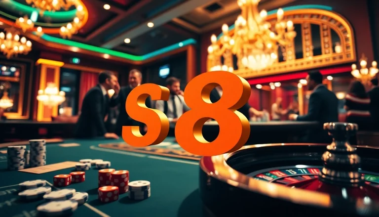 S8 gamblers enjoying poker with vibrant chips and roulette wheel in a luxury casino atmosphere.