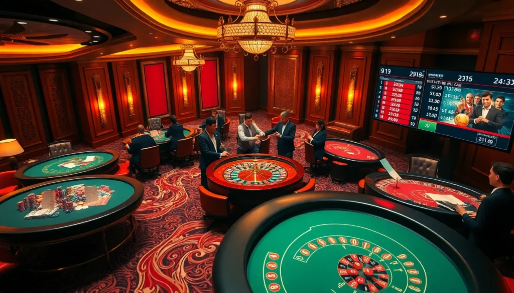 Intense sports betting action featuring ty le keo nha cai on screens in a vibrant casino environment.
