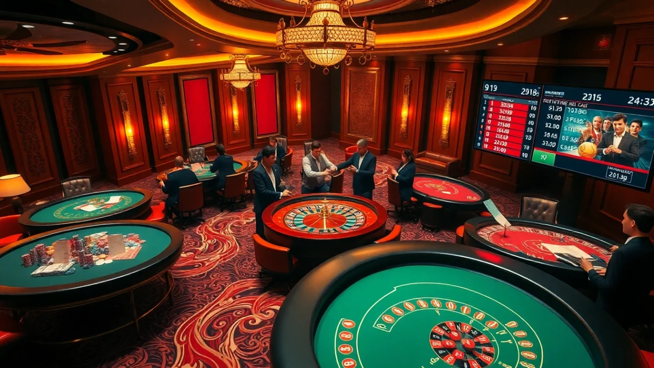 Intense sports betting action featuring ty le keo nha cai on screens in a vibrant casino environment.