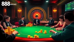 Exciting gaming action at 888new.com with players at a high-stakes poker table.