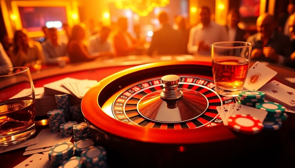 Experience the thrill of 8fly886.com with a luxurious casino scene featuring roulette and poker chips.