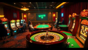 Experience win 98 with thrilling casino gameplay amid a vibrant roulette table and classic slot machines.