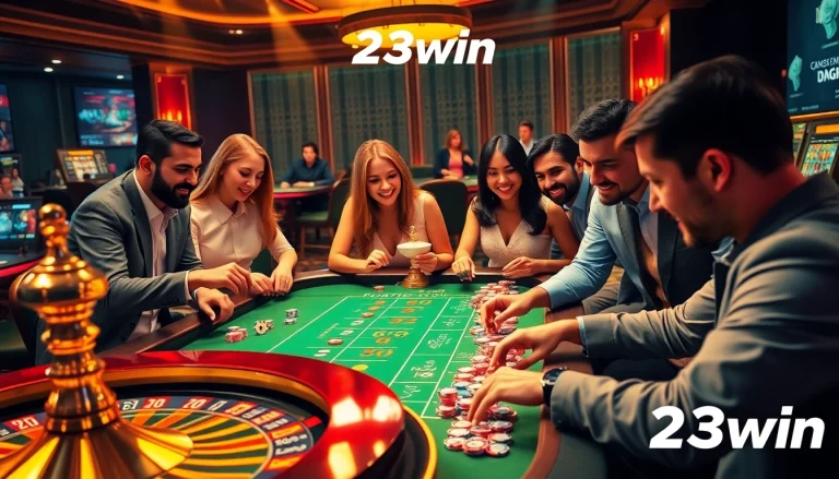 Experience the thrill of winning with 23win at the casino, showcasing poker chips and excited players.