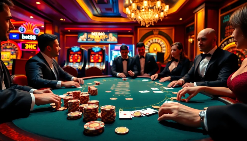 Exciting betting action at Bet88's poker table surrounded by glamorous players in a vibrant casino.