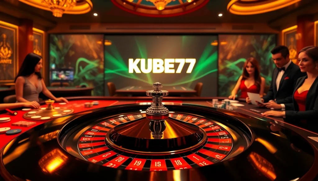 KUBET77 players engaging in an exciting roulette game at a luxurious casino table.