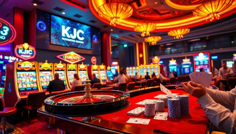 Players enjoying a high-stakes game at KJC casino, showcasing vibrant slot machines and roulette excitement.