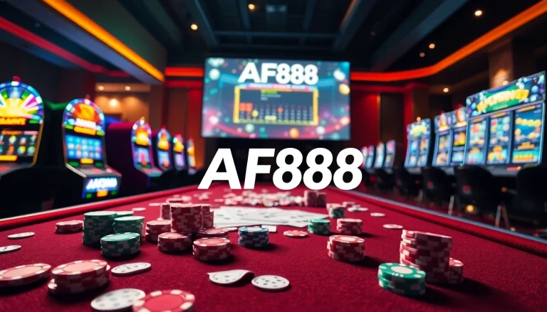Engaging gamblers at AF88 online casino with vibrant poker chips, cards, and slot machines.