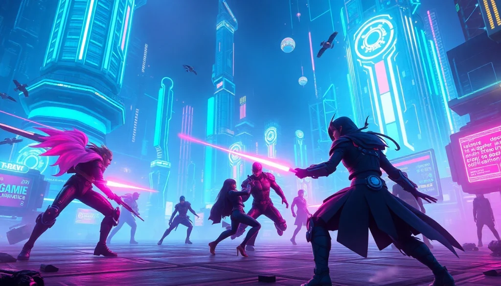 Dynamic battle scene showcasing game AI technology in a vibrant digital landscape.