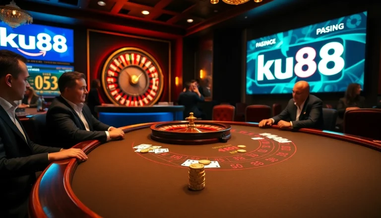 Experience high-stakes excitement at ku88 casino with players at the blackjack table.