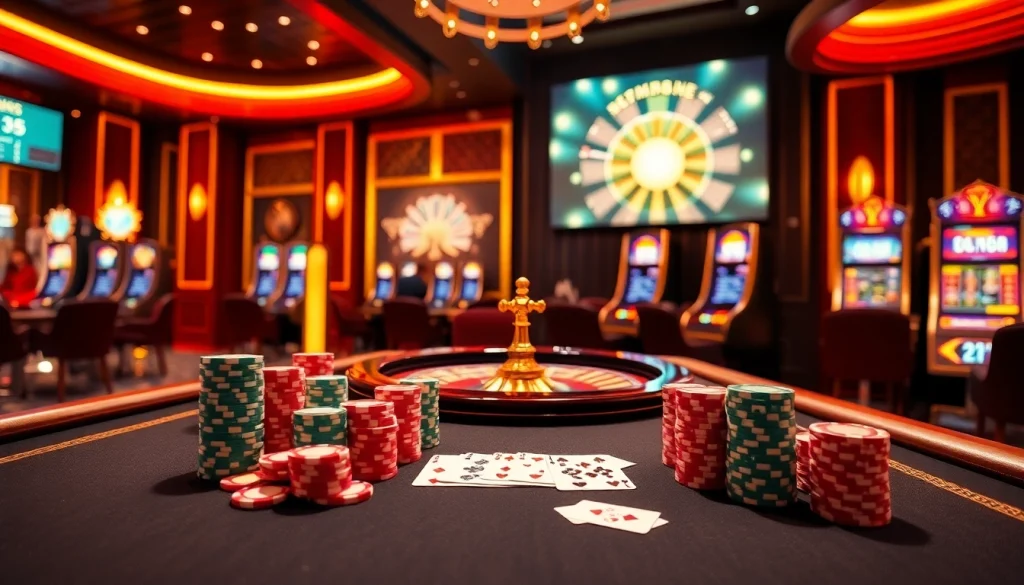 Players enjoying a thrilling game at Sunwin casino, featuring poker chips and roulette.