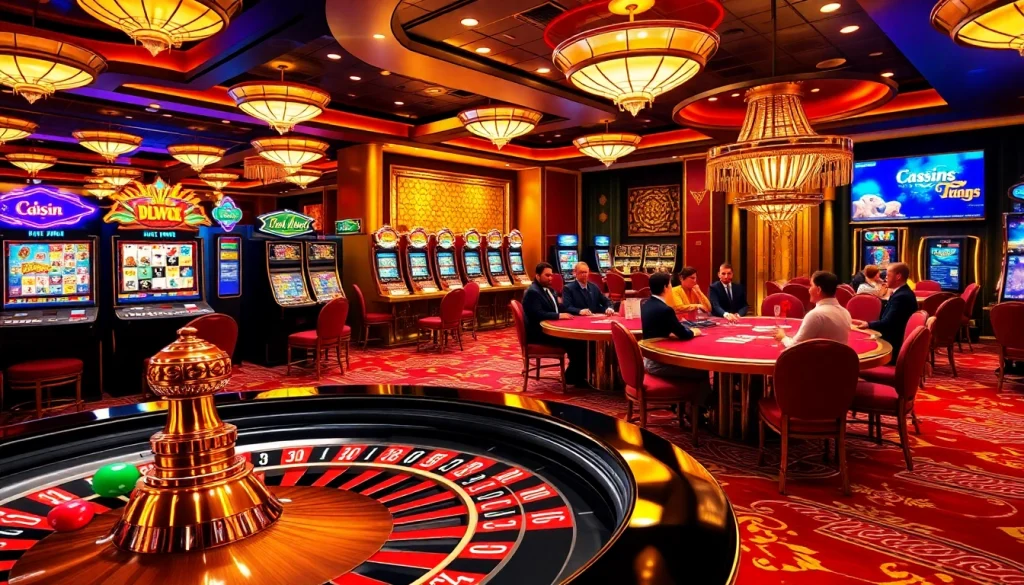 Casino excitement at https://13win.reviews/ with vibrant roulette, slot machines, and poker tables.
