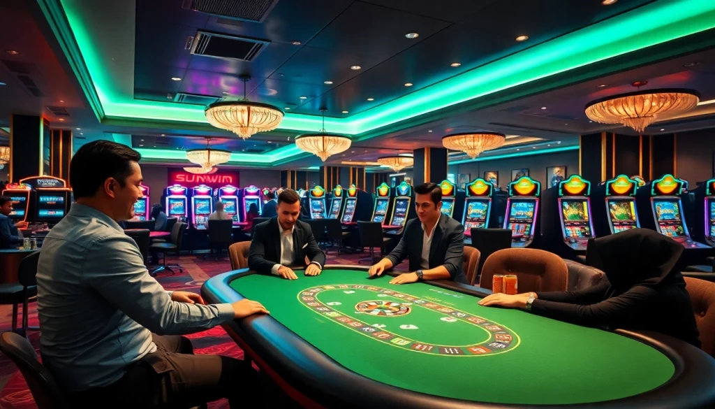 Players enjoying an exciting game of poker at Sunwin's luxurious casino, exuding thrill and camaraderie.