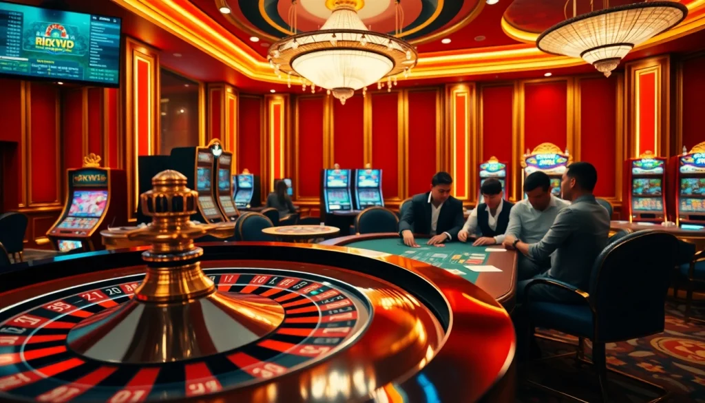 Experience the thrill of gambling at rikvip with a stylish casino scene showcasing poker chips and a roulette wheel.