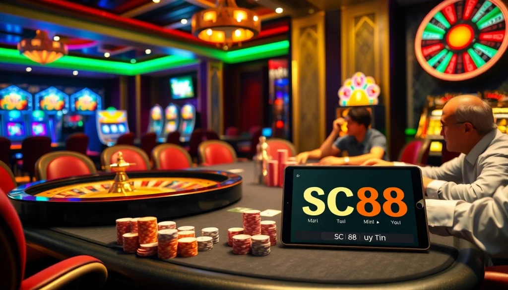 Exciting casino gaming scene showcasing SC88 uy tín with players at a poker table, vibrant slot machines, and roulette wheel.
