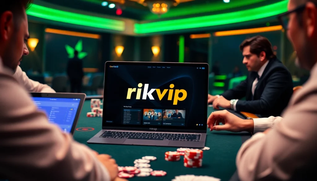Players engaging in an exhilarating online gambling session at the rikvip poker table with vibrant graphics.
