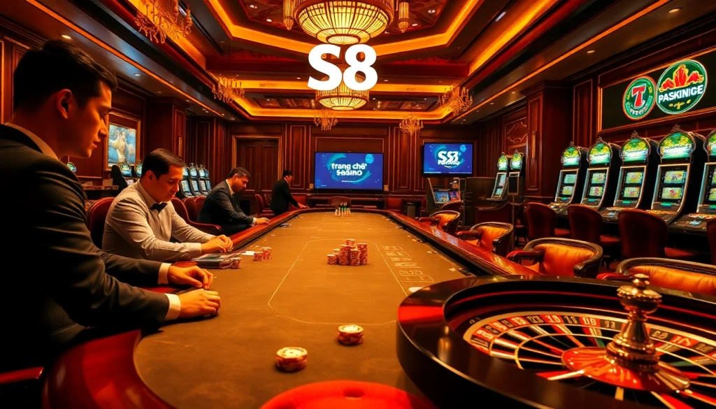 Engage with exciting games at trang chủ S8, featuring vibrant casino tables and rich poker chips.