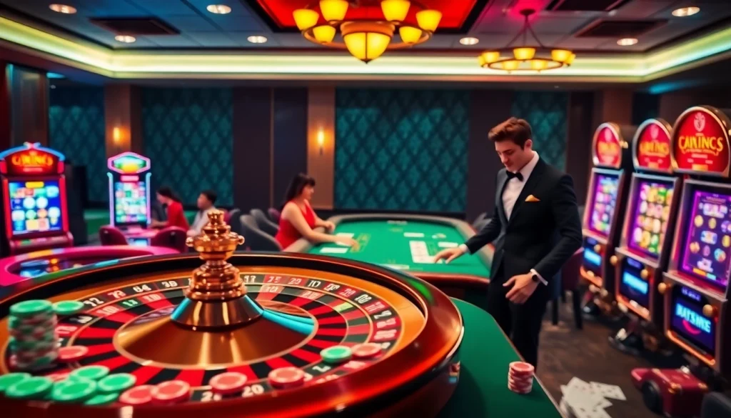 Experience the excitement of gambling at trang chu luck8 with a vibrant casino scene featuring roulette wheels and poker tables.