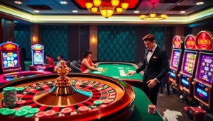Experience the excitement of gambling at trang chu luck8 with a vibrant casino scene featuring roulette wheels and poker tables.