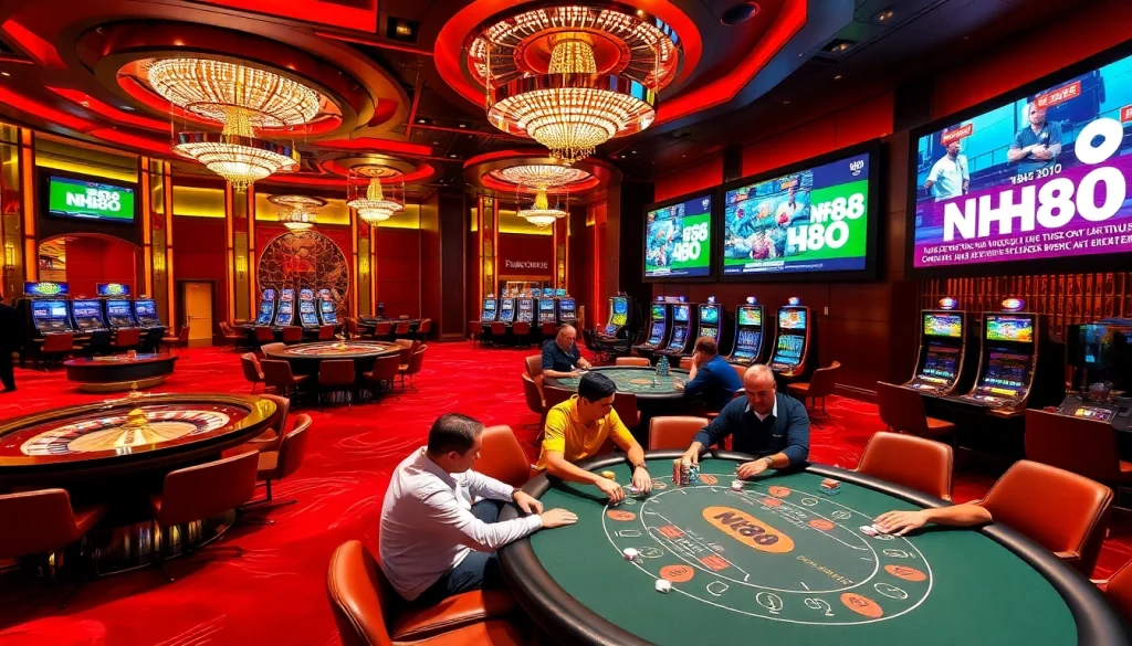 Engage in high-stakes gambling at NH88's luxurious casino environment, featuring poker tables and vibrant slot machines.