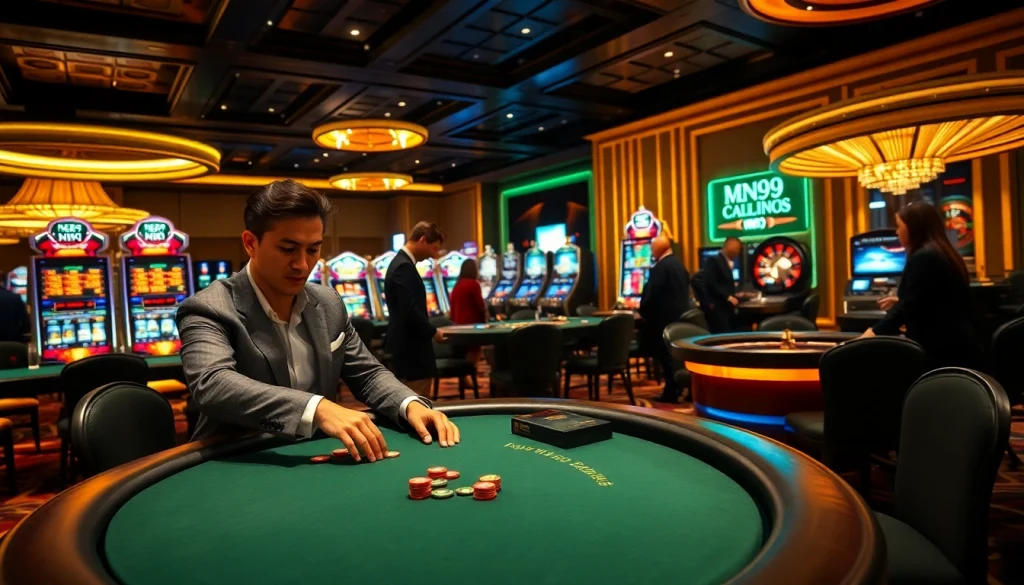 Engaged player at MM99 poker table while dealers present shining chips in a vibrant casino.