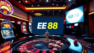 Experience the thrill of EE 88 with vibrant casino visuals showcasing slot machines and roulette.