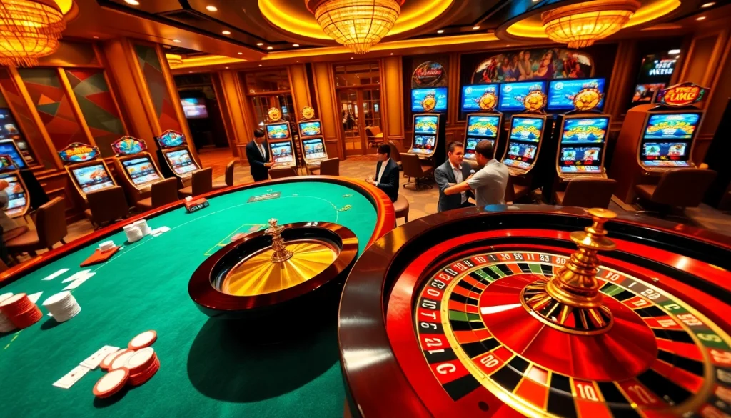 Excited players engaging with GG88's vibrant casino tables and slot machines.