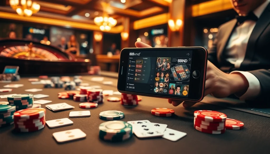 Experience online gambling excitement with the 888vnd app, featuring a vibrant casino table and poker chips.