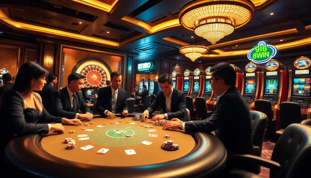 Players enjoying thrilling poker games at 98win casino, showcasing excitement and luxury.