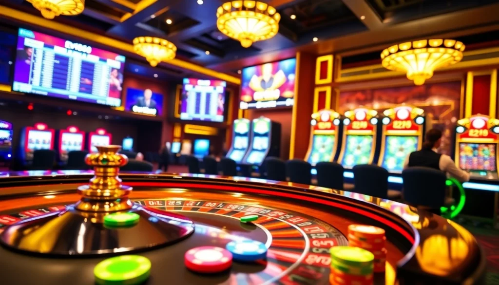 Players engage in thrilling casino action at ev88 with vibrant tables and exciting slot machines.