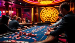 WW88 gaming table scene with poker chips and cards, showcasing excitement in gambling.