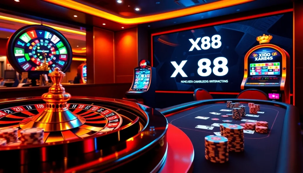X88 casino scene with roulette, slot machines, and poker action, capturing the thrill.