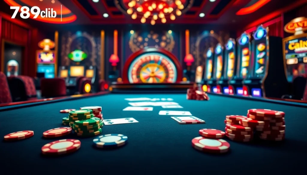 Experience the thrill of 789club with vibrant casino visuals depicting gaming tables, slots, and exciting action.