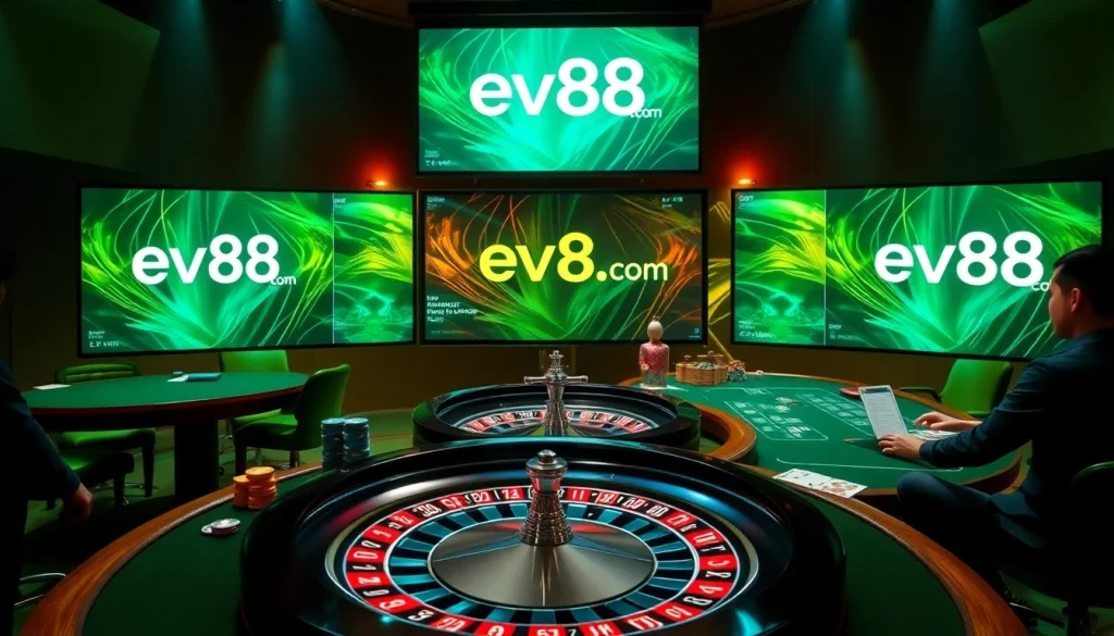 Engaged players enjoy the luxurious online casino experience at ev88.com, showcasing vibrant tables and interactive games.