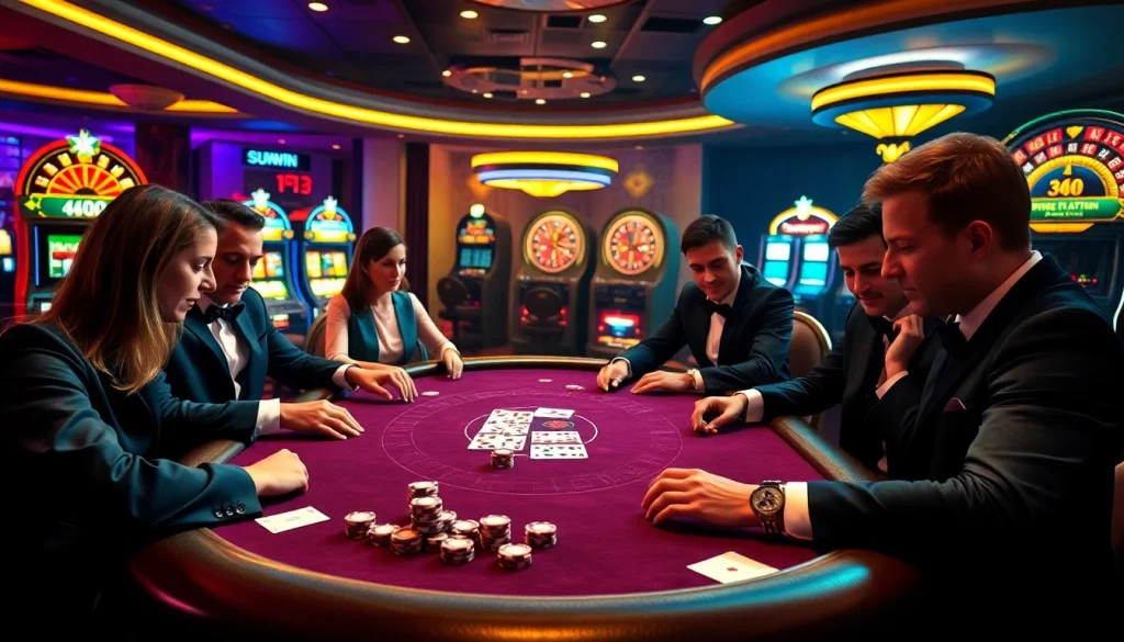 Players enjoying a thrilling poker game at sunwin's luxurious casino table.