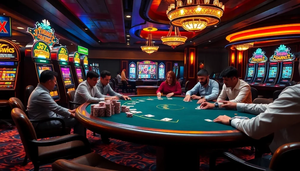 Experience the thrilling ambiance of sunwin's luxurious casino with poker and slot machines.