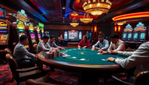 Experience the thrilling ambiance of sunwin's luxurious casino with poker and slot machines.