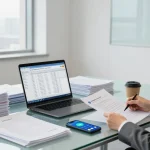 Forensic auditor analyzing data at a conference table, showcasing aafikotabandungb.org's expertise in forensic auditing.