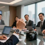 Showcasing super clone watches in a professional business meeting atmosphere with elegance and sophistication.