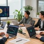 Invest in BRICS coins with professionals analyzing trends in a modern office setting.