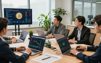 Invest in BRICS coins with professionals analyzing trends in a modern office setting.