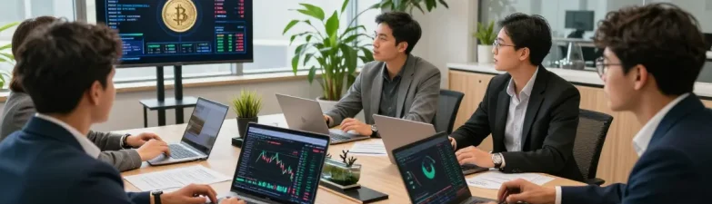 Invest in BRICS coins with professionals analyzing trends in a modern office setting.