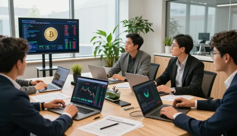 Invest in BRICS coins with professionals analyzing trends in a modern office setting.